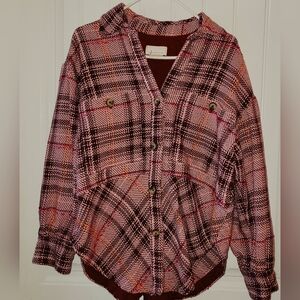 Anthropologie Pink and Black Plaid Button-Down Shirt Shacket Sz L